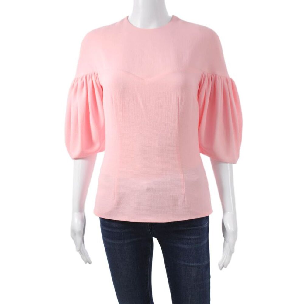 Emilia Wickstead Women Basic Solid Pink Blouse Round Neck 3/4 Sleeve Zip Size 4